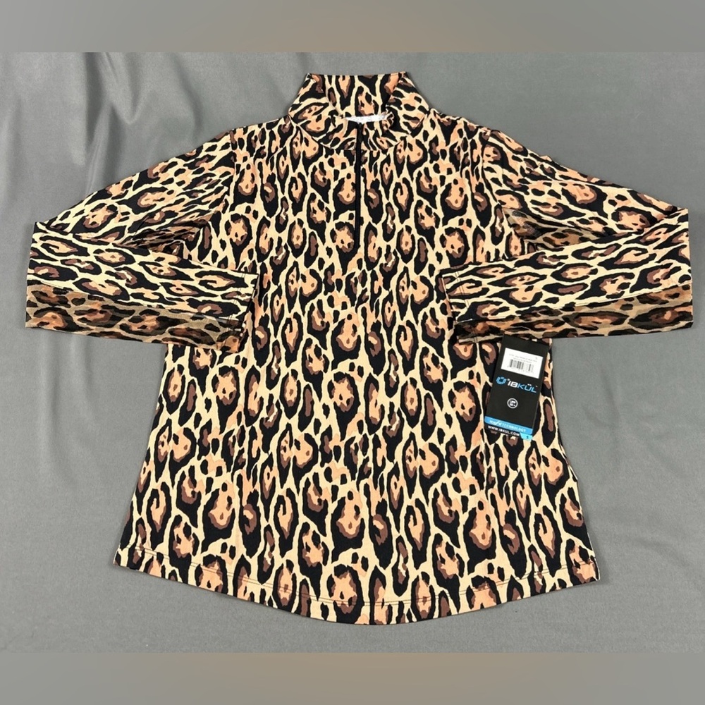 IBKUL Womens Golf Pullover Leopard Print 1/4 Zip Small Brown